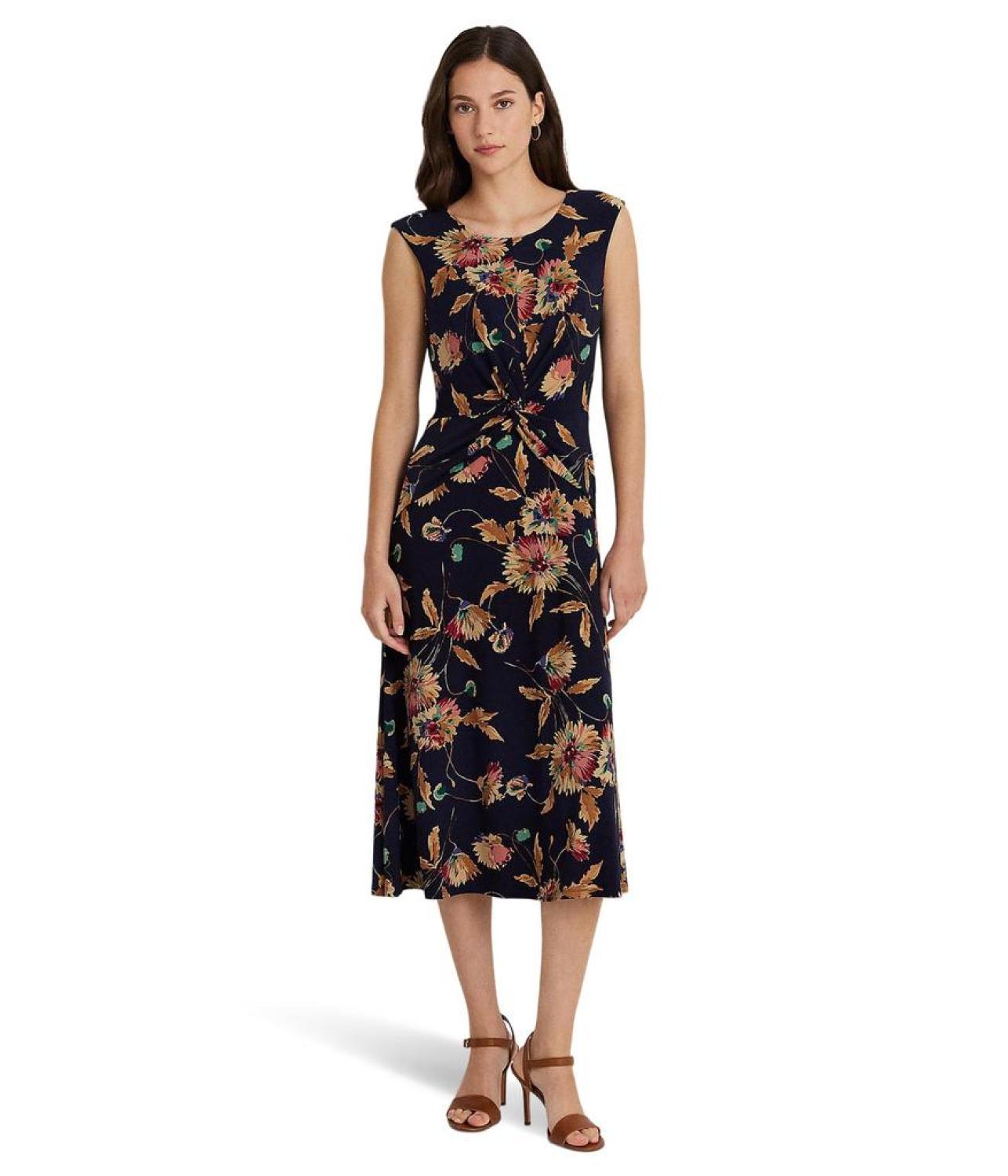 Floral Twist-Front Stretch Jersey Dress