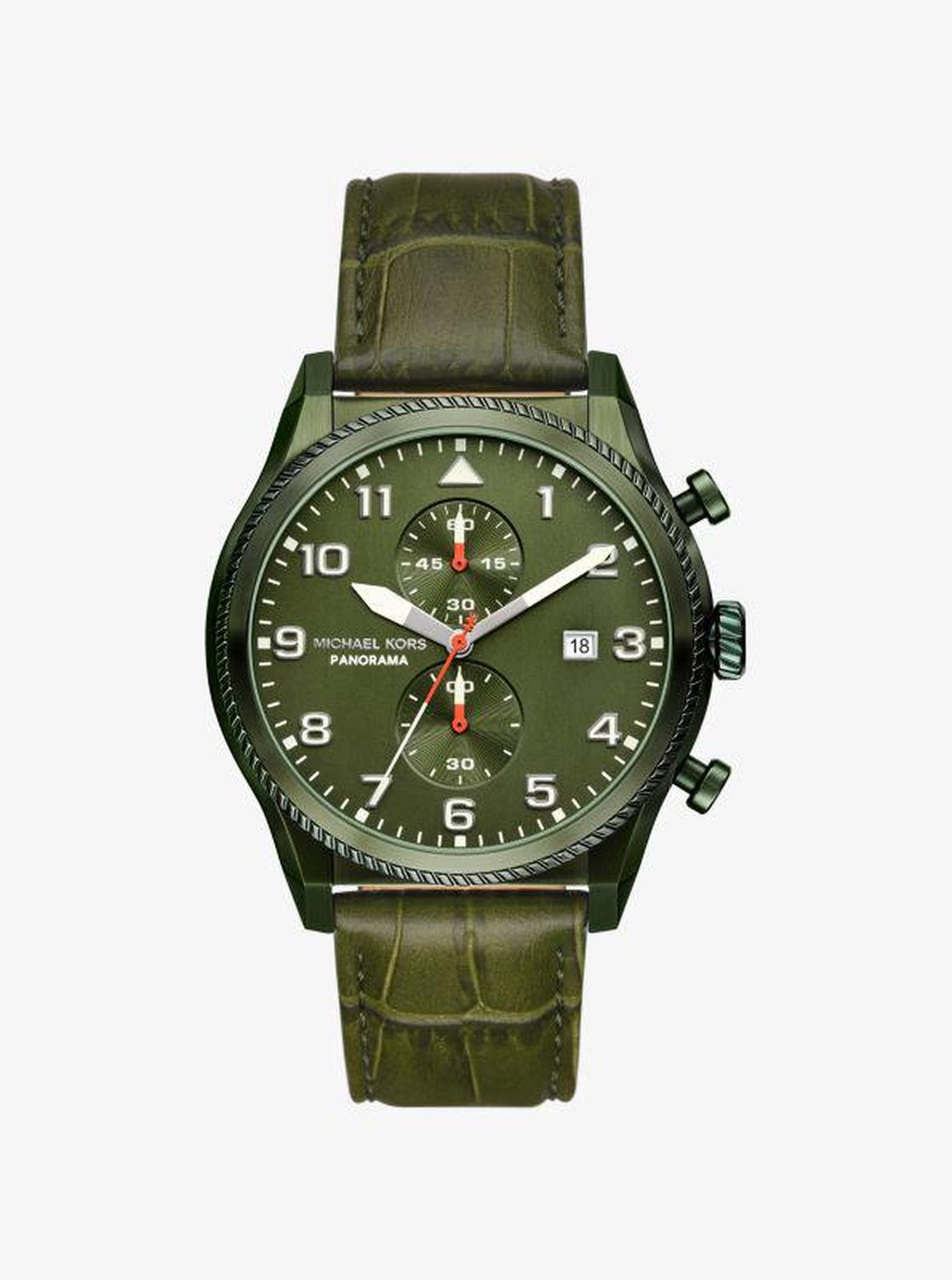 Oversized Panorama Olive-Tone and Crocodile Embossed Leather Watch