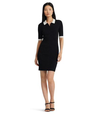 Two-Tone Rib-Knit Polo Sweater Dress