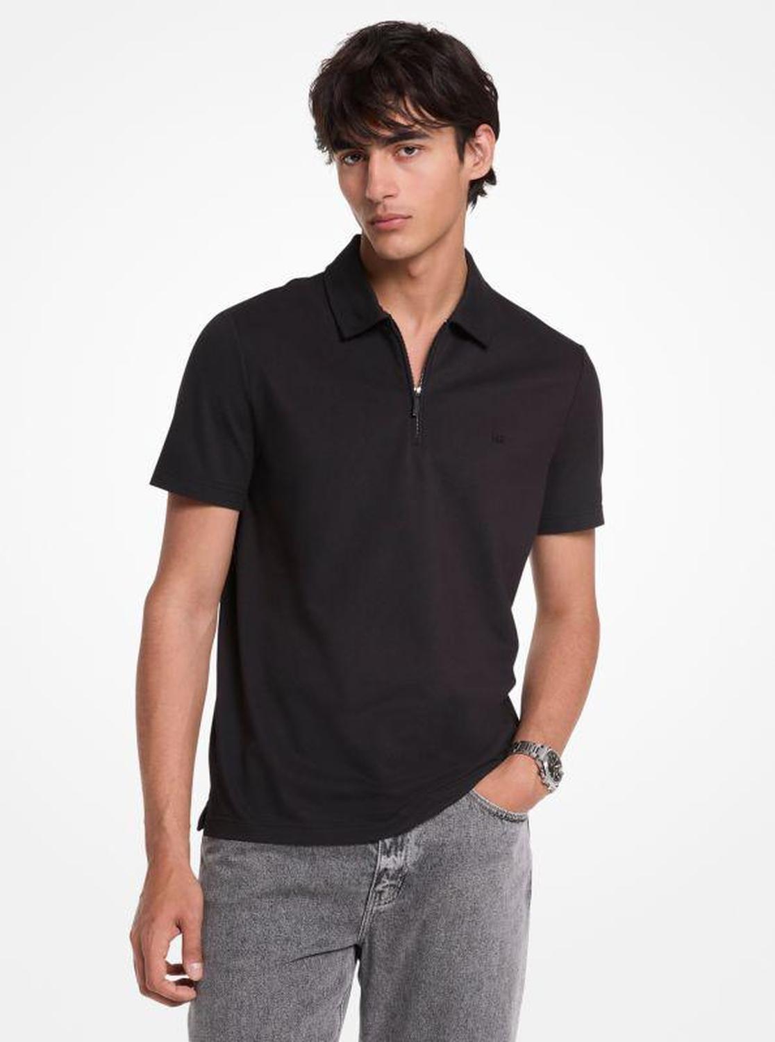 Cotton Blend Piqué Zip-Up Polo Shirt