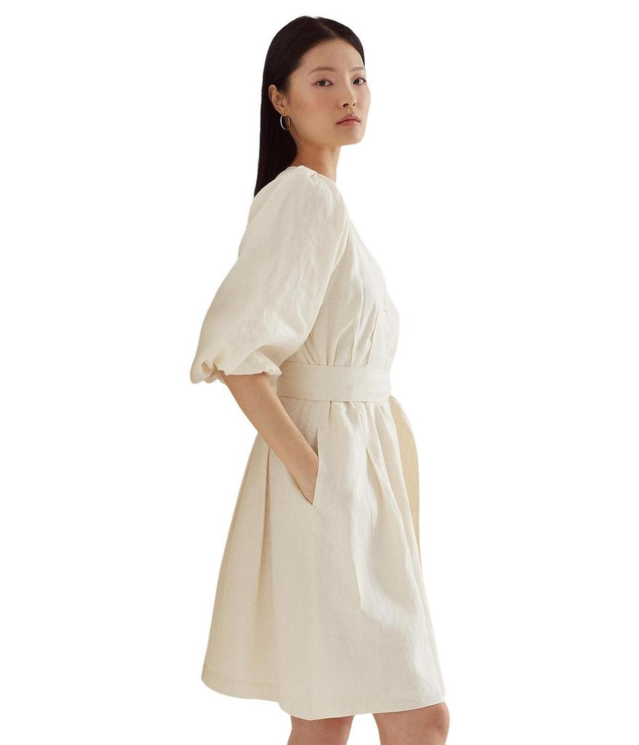 Belted Linen Bubble-Sleeve Dress