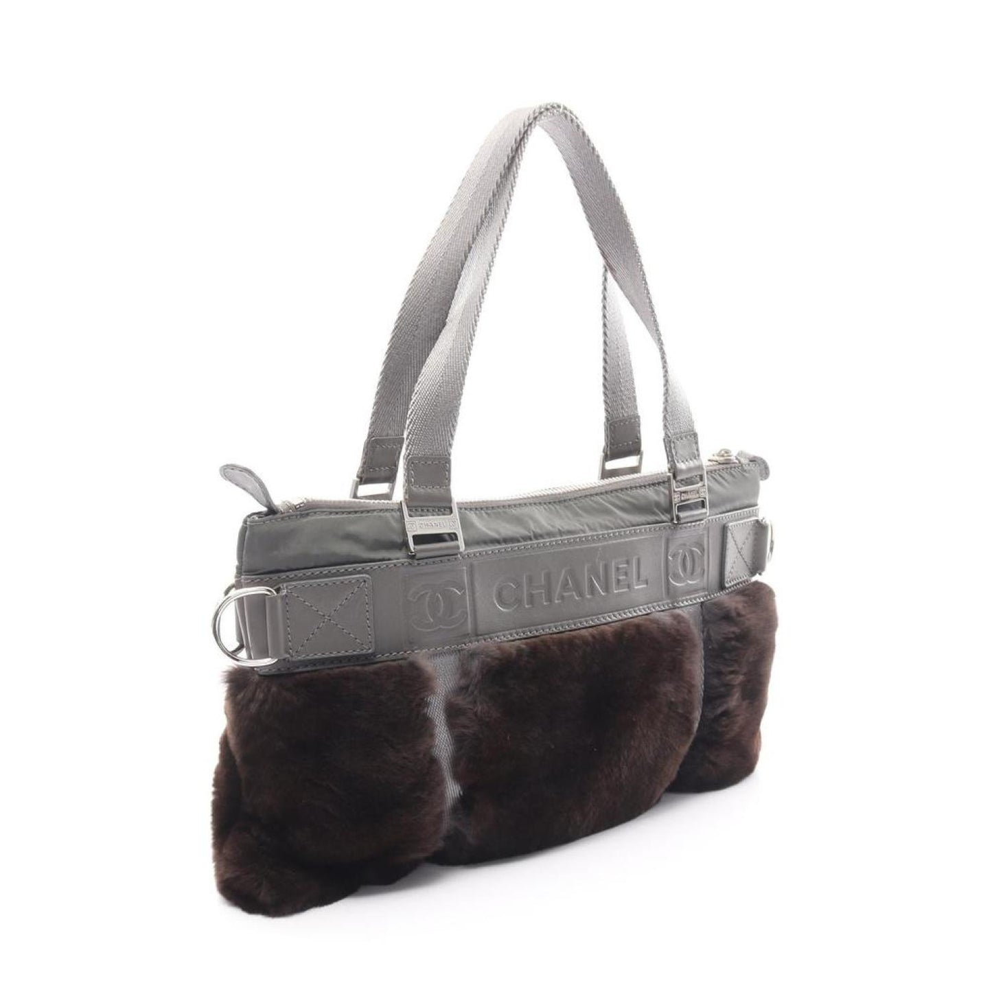 Sports Line Handbag Tote Bag Fur Leather Dark Silver Hardware