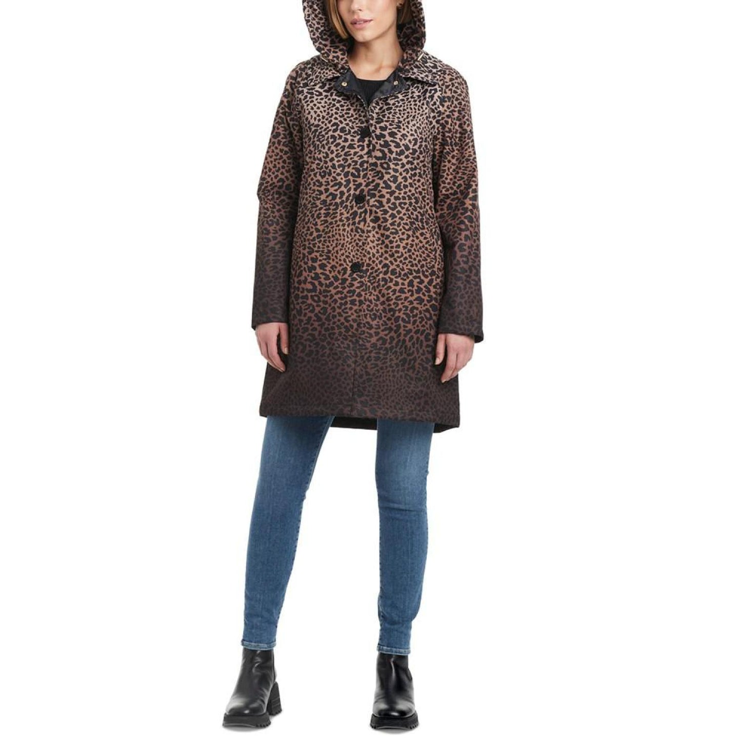 Women's Hooded Leopard-Print A-Line Raincoat