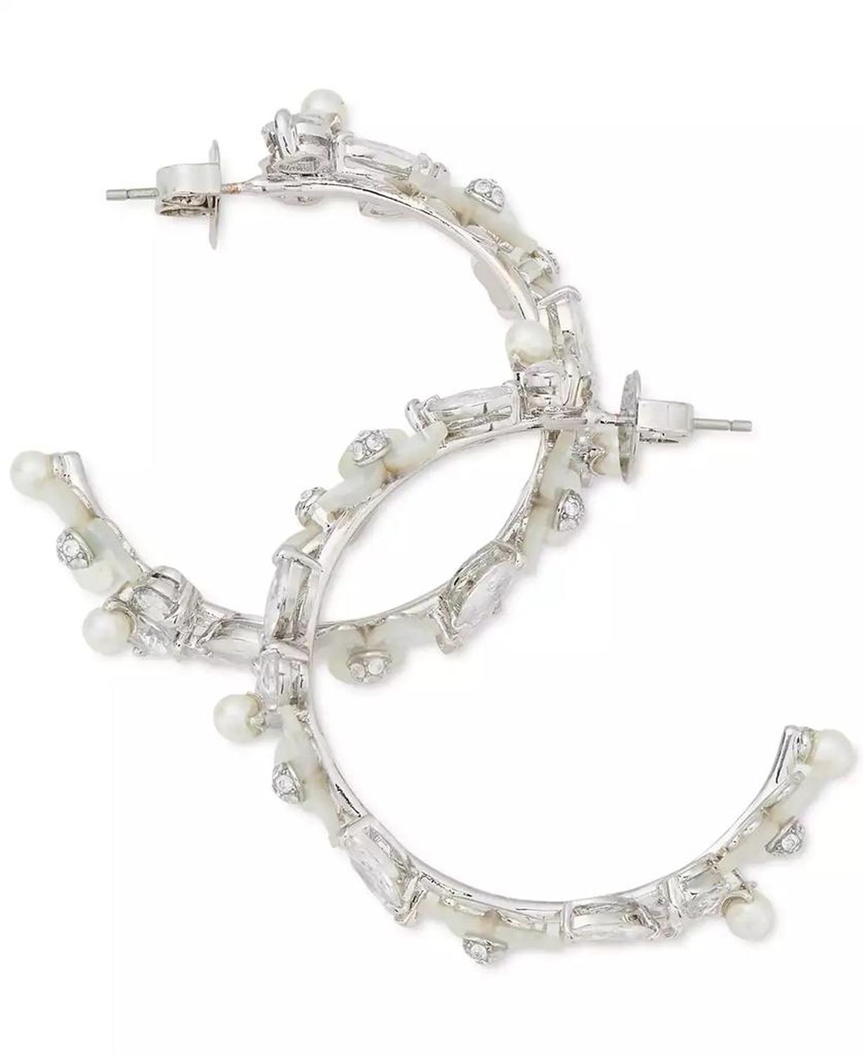 Silver-Tone Medium Cubic Zirconia, Imitation Pearl & Mother-of-Pearl Flower C-Hoop Earrings, 1.63"