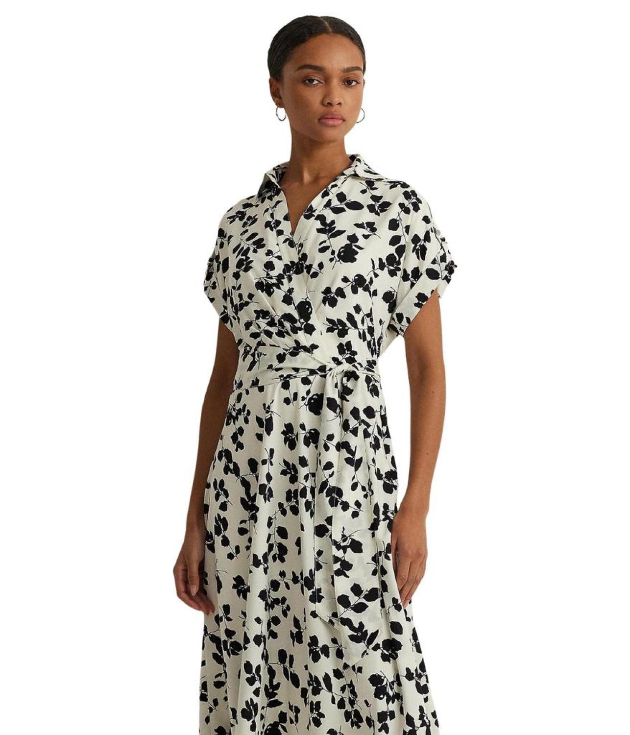 Leaf-Print Belted Crepe Dress