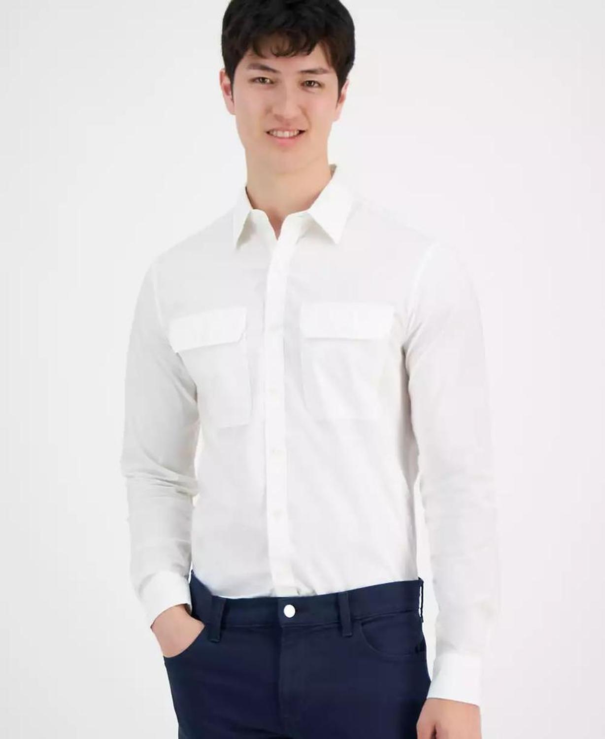 Men's Military Long Sleeve Button-Front Double-Pocket Shirt