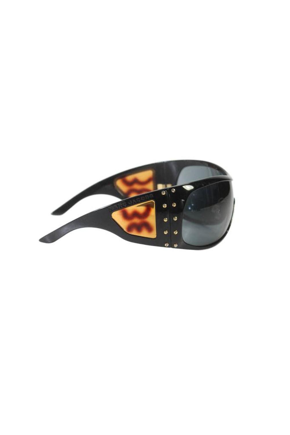 Womens Gold Tone Studded Gray Lens Large Shield Sunglasses Black