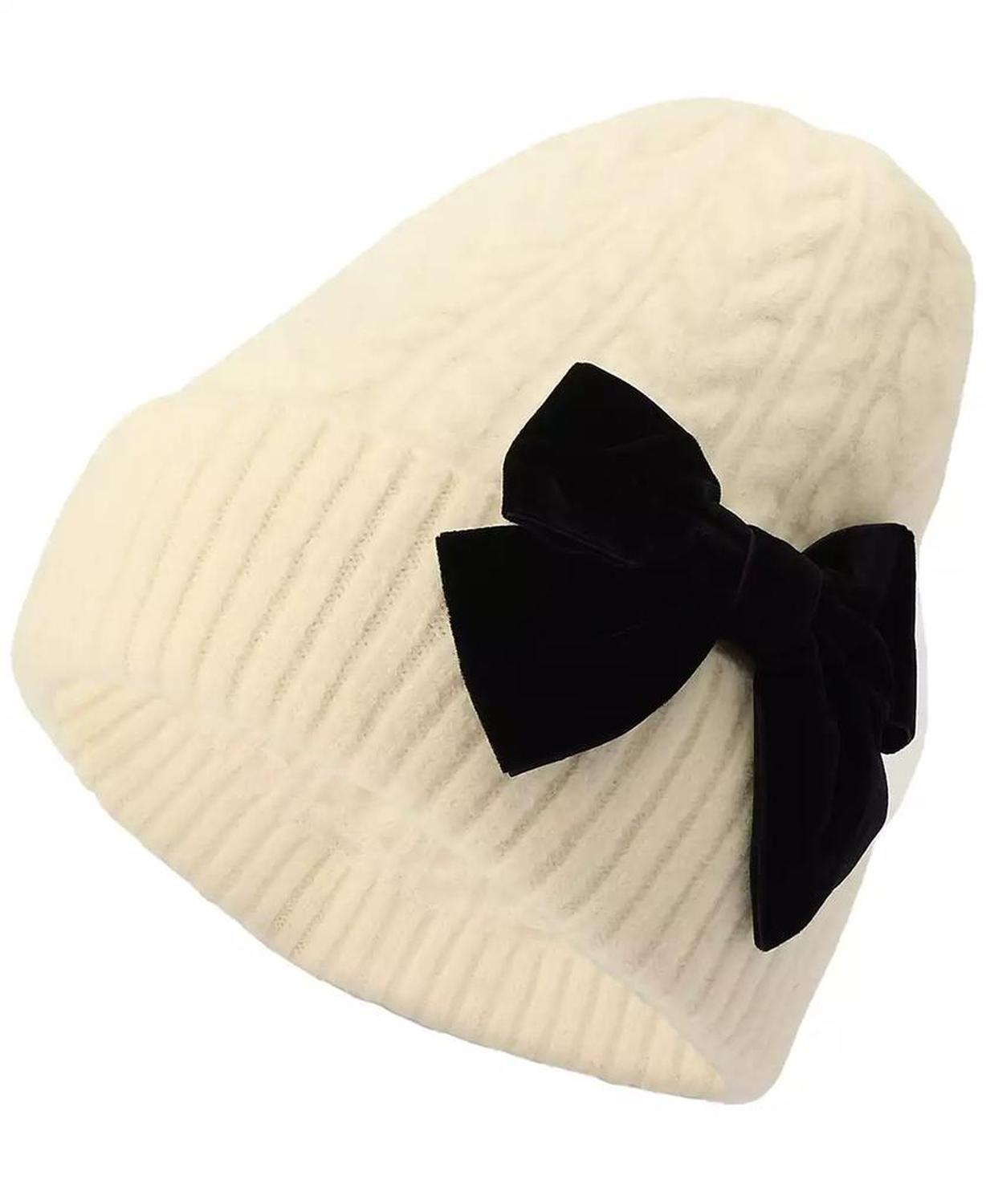 Women's Velvet Bow Cable Knit Beanie