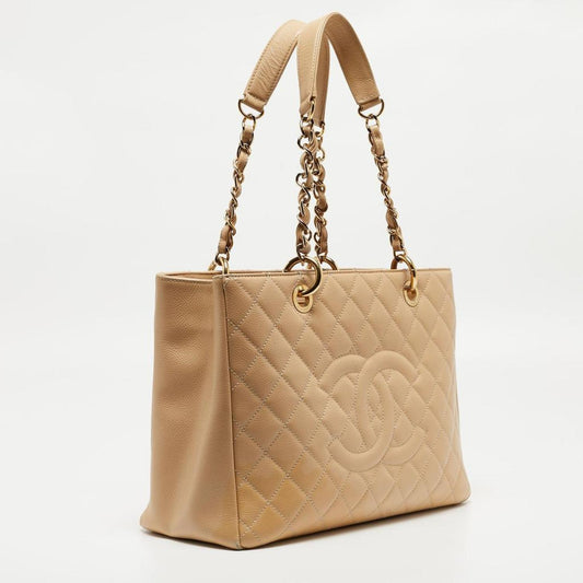 Chanel Beige Quilted Caviar Leather Grand Shopper Tote