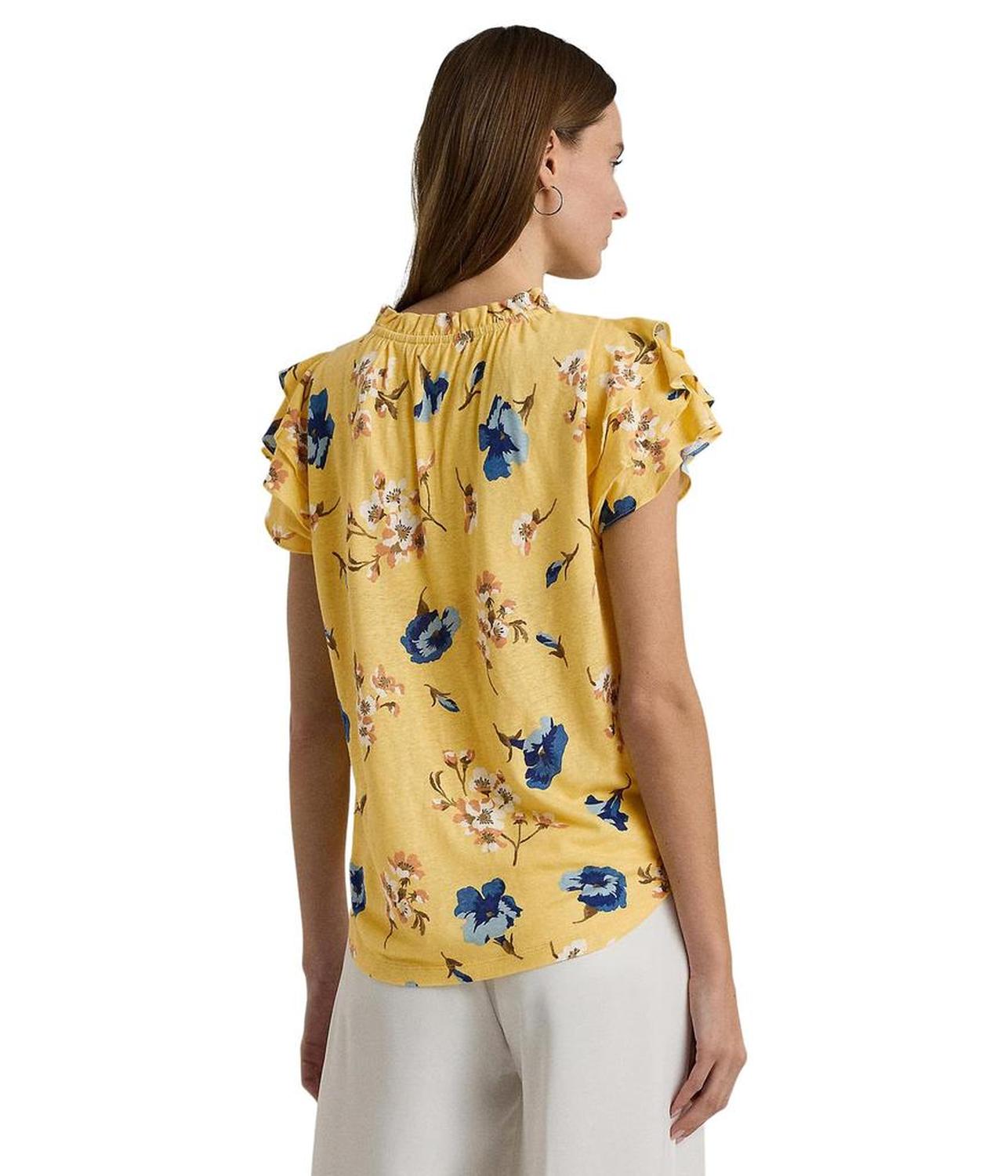 Floral Linen-Blend Jersey Tie-Neck Top