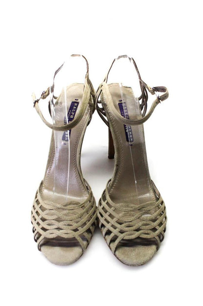 Ralph Lauren Collection Womens Suede Peep Toe Cage Ankle Strap Heels Gray