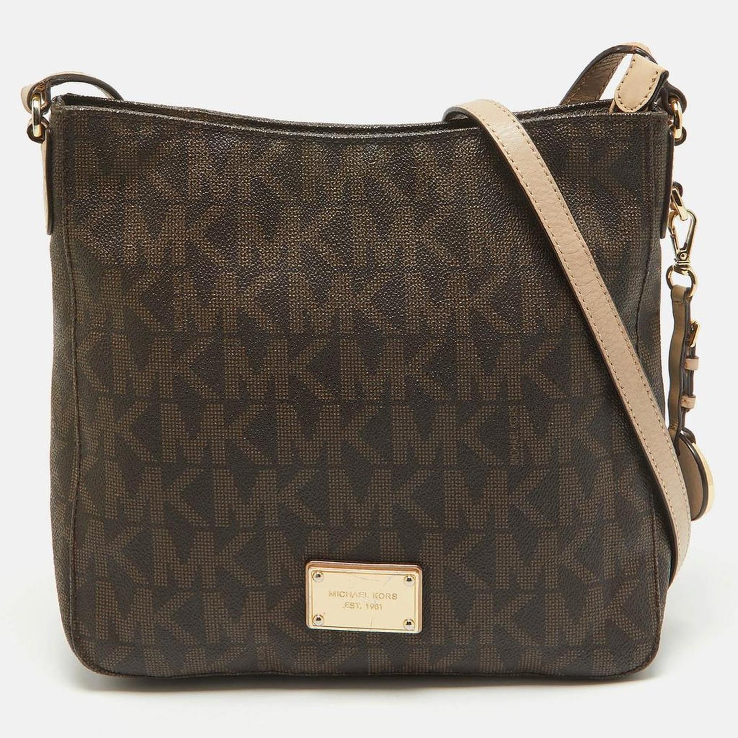 Michael Kors Brown/beige Sigature Coated Canvas And Leather Jet Set Travel Messenger Bag