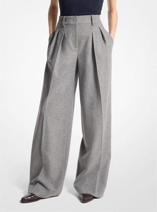 Wool Flannel Pleated Wide-Leg Trousers