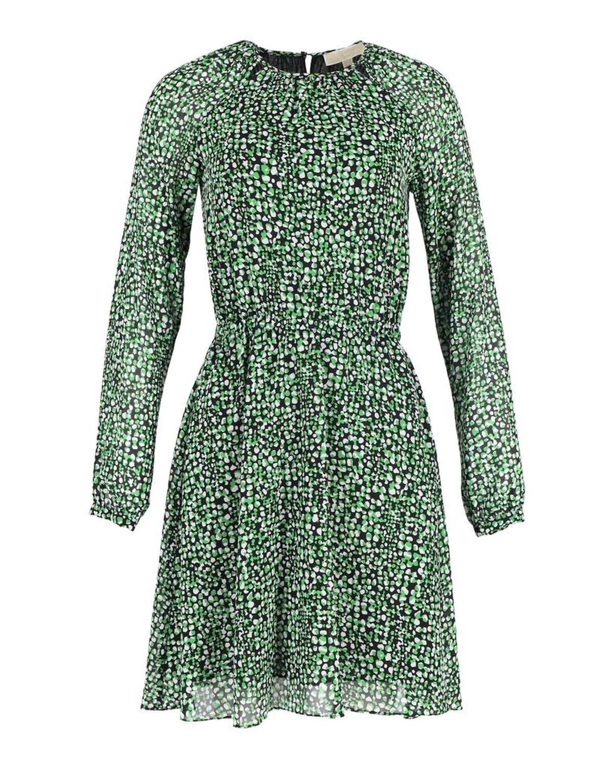 Michael Michael Kors Printed Long Sleeve Dress in Green Silk