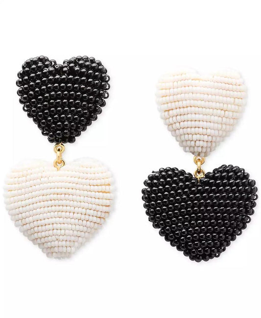 Gold-Tone Black & White Beaded Mismatch Drop Earrings