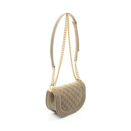 Boy Chanel Small Chain Shoulder Bag Velor Leather Beige Gold Hardware