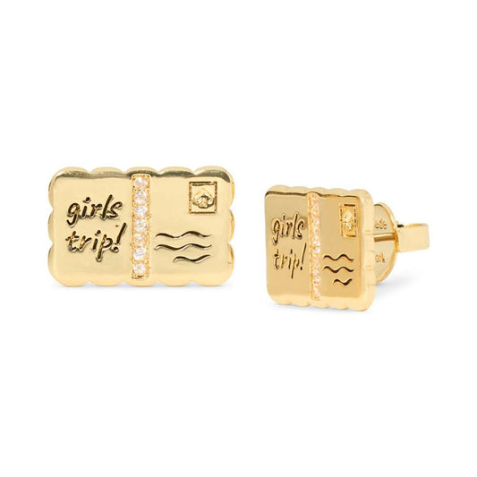 Gold-Tone Away We Go Cubic Zirconia Girls Trip Postcard Stud Earrings