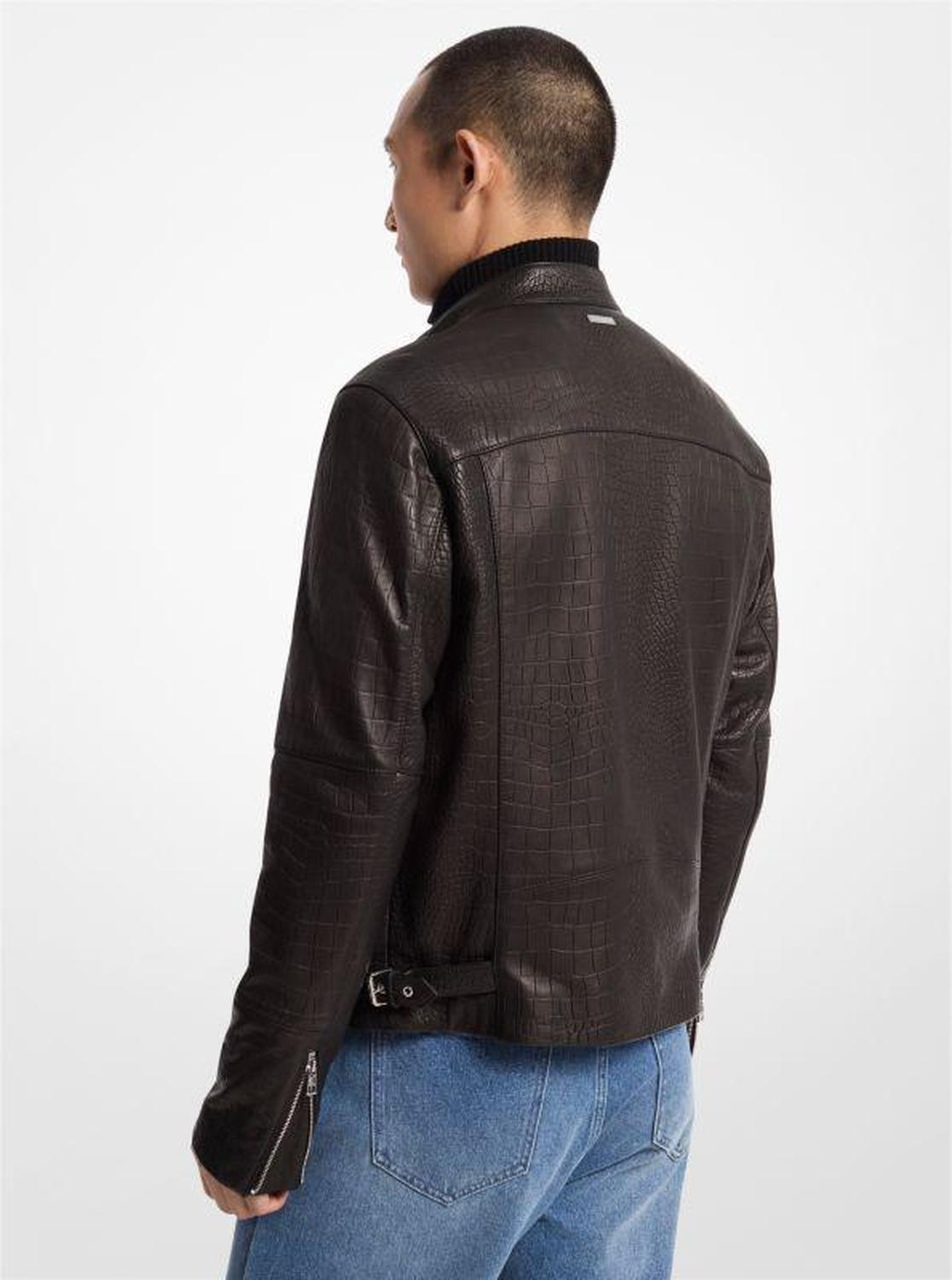 Crocodile Embossed Leather Biker Jacket