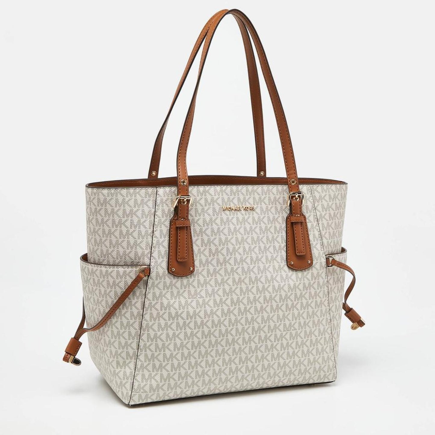 Michael Kors Cream/tan Signature Coated Canvas And Leather Voyager Tote