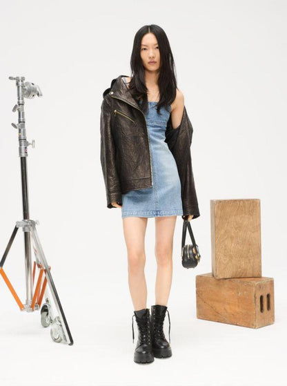 Oversized Crinkled Leather Moto Jacket