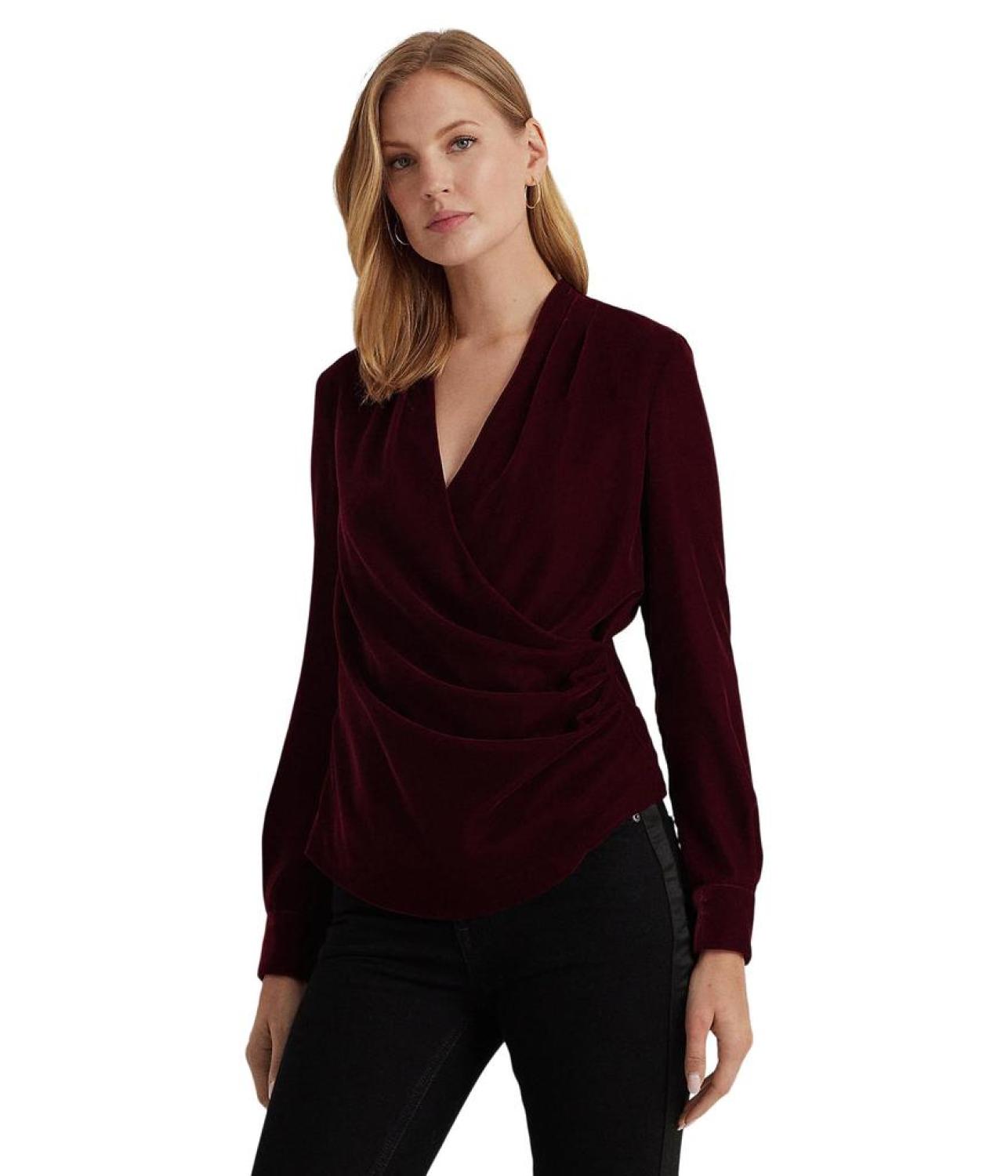 Petite Pleated Velvet Surplice Blouse