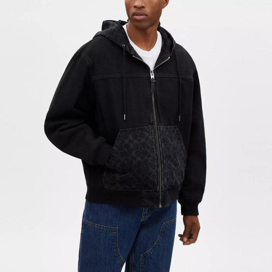 Coach Outlet Signature Denim Hooded Zip Up Jacket