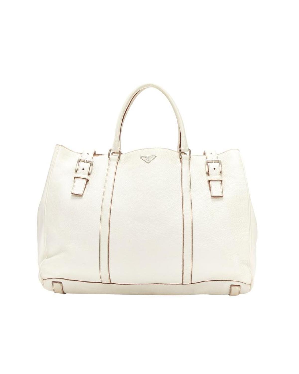 PRADA ivory white grained leather silver triangle logo buckle strap tote bag