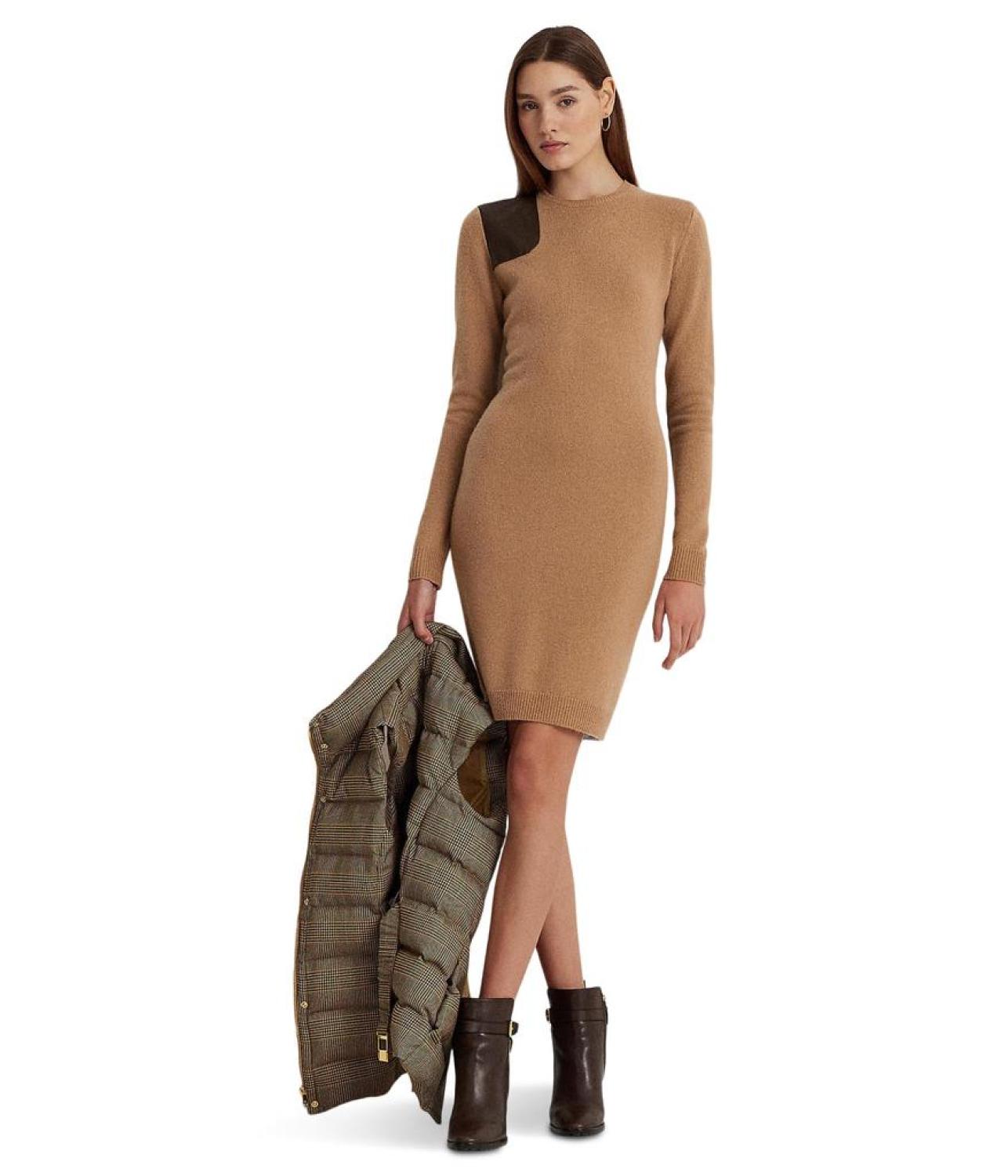 Petite Faux Leather Trim Wool Cashmere Dress