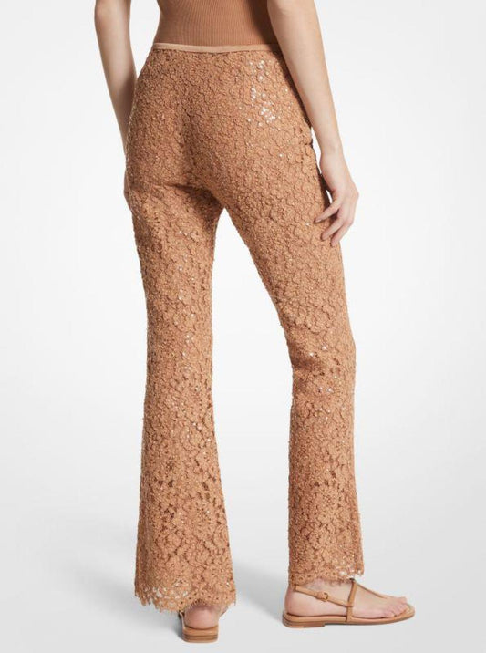 Hand-Embroidered Sequin Floral Corded Lace Cropped Pants