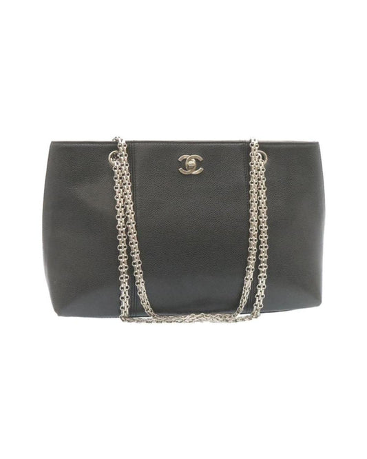 CHANEL Caviar Skin Chain Shoulder Bag Leather Black CC Auth 28395A