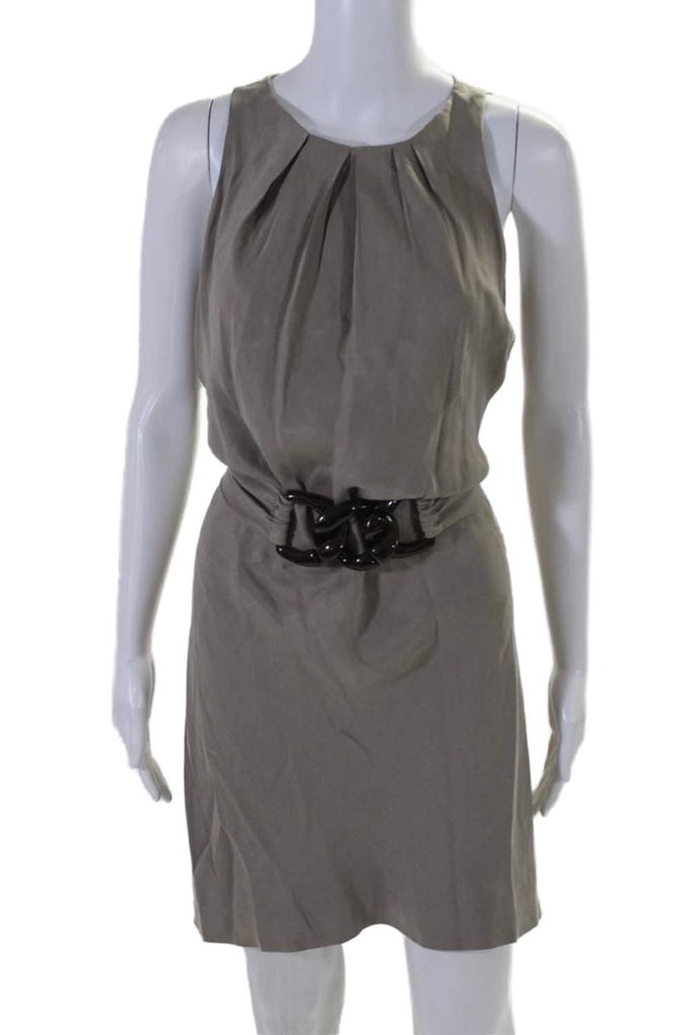 Max Mara Womens Taupe Pleated Embellished Belt Sleeveless Shift Dress