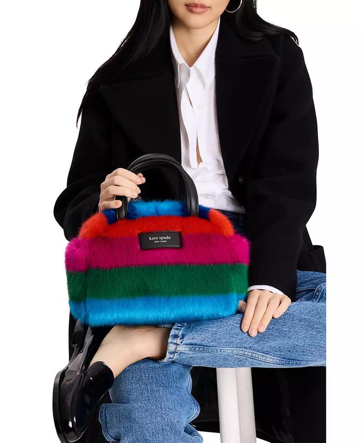 Puffed Striped Faux Fur Satchel Bag