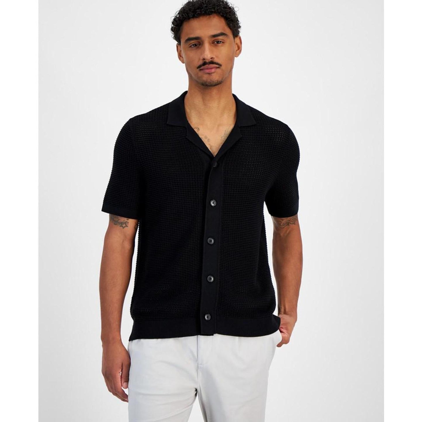 Men's Short Sleeve Button-Front Open Stitch Shirt