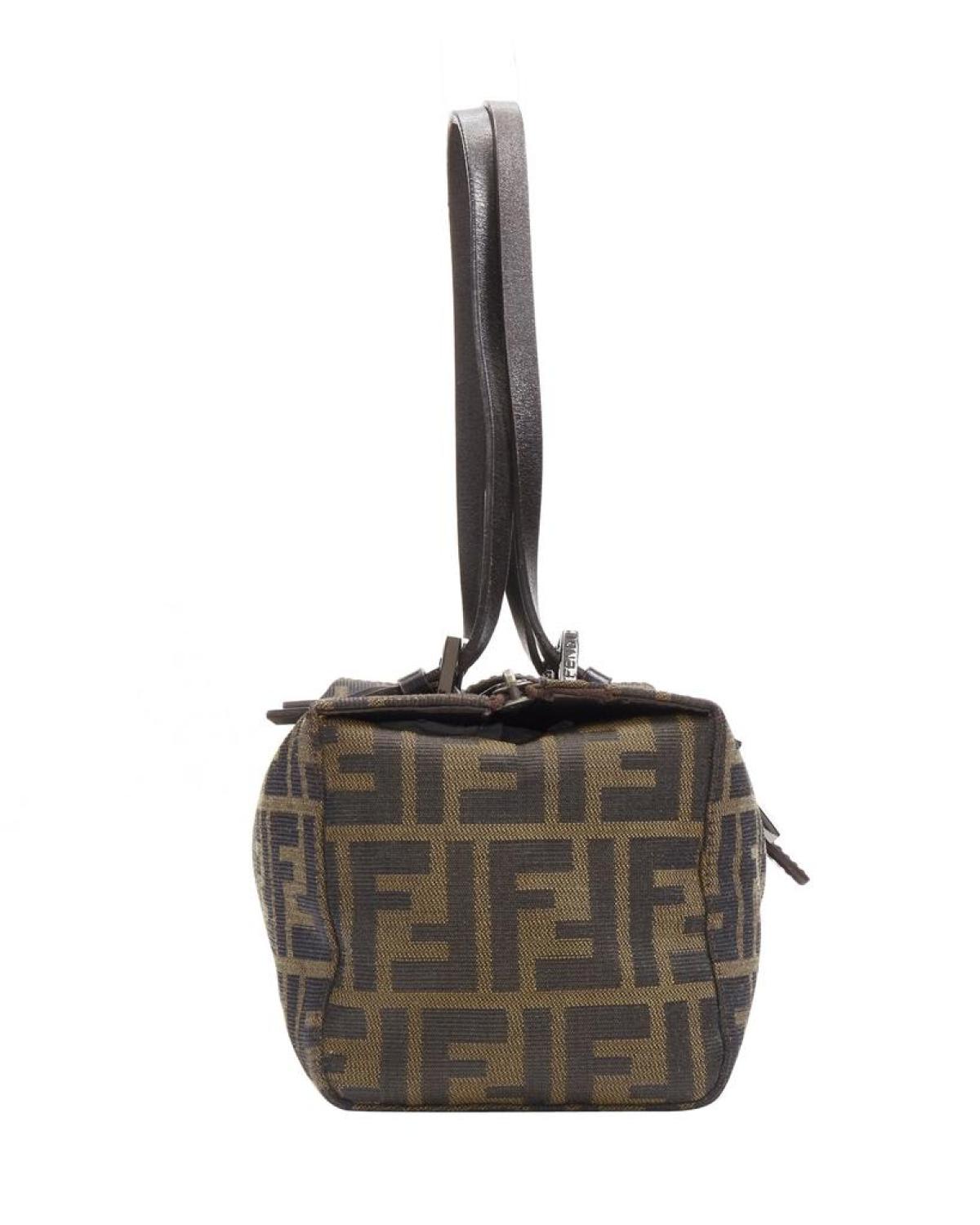 FENDI Vintage brown leather handle Zucca Monogram canvas mini cube boston bag