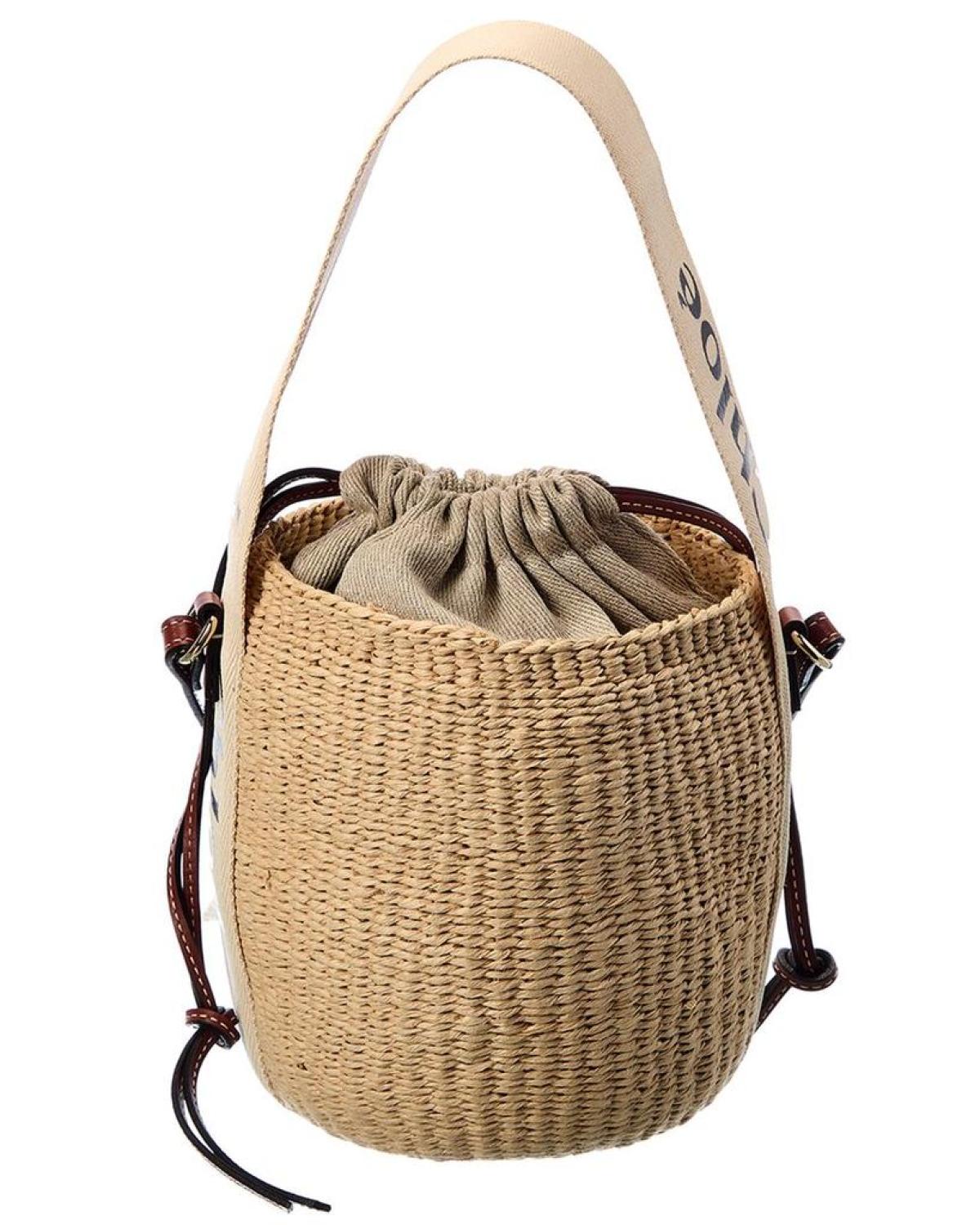 Chloé Woody Small Raffia & Leather Bucket Bag