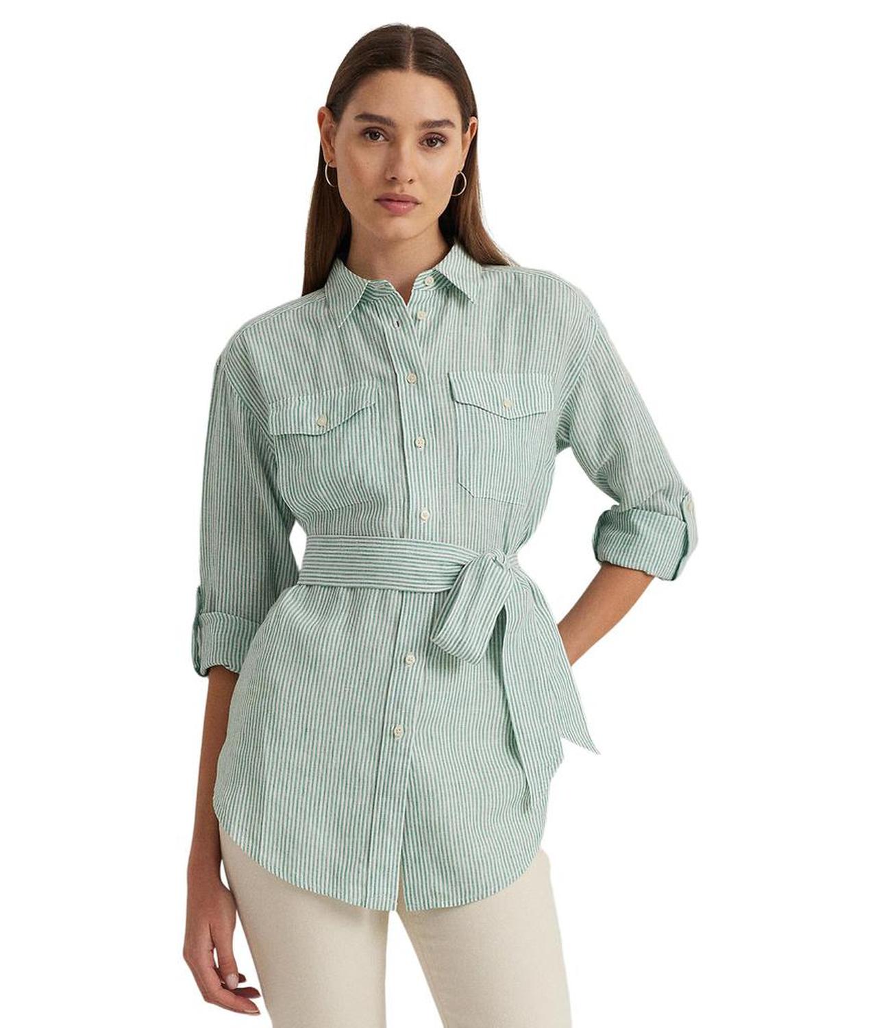 Relaxed Fit Striped Belted Linen Shirt