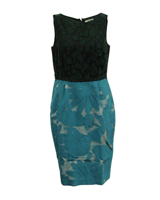 Floral Color Block Midi Dress in Black and Blue Cotton