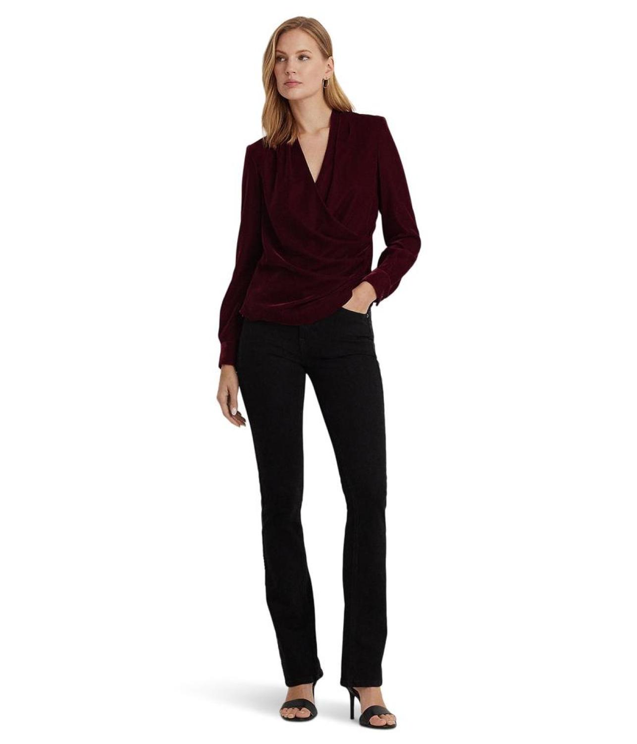 Petite Pleated Velvet Surplice Blouse