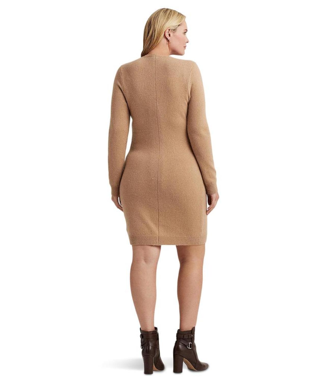 Plus Size Faux Leather Trim Wool Cashmere Dress