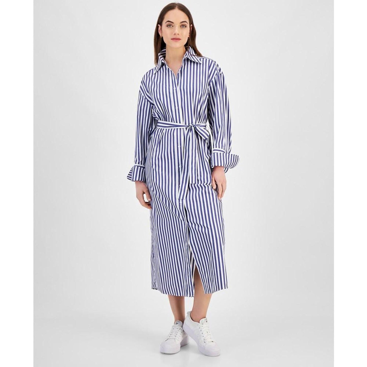 Women's Striped Long-Sleeve Cotton Shirtdress