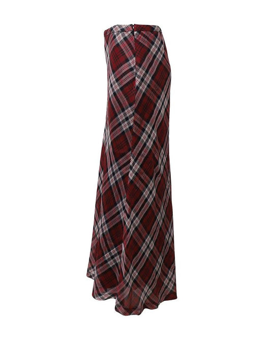 Michael Kors Plaid Maxi Skirt in Red Silk-Voile