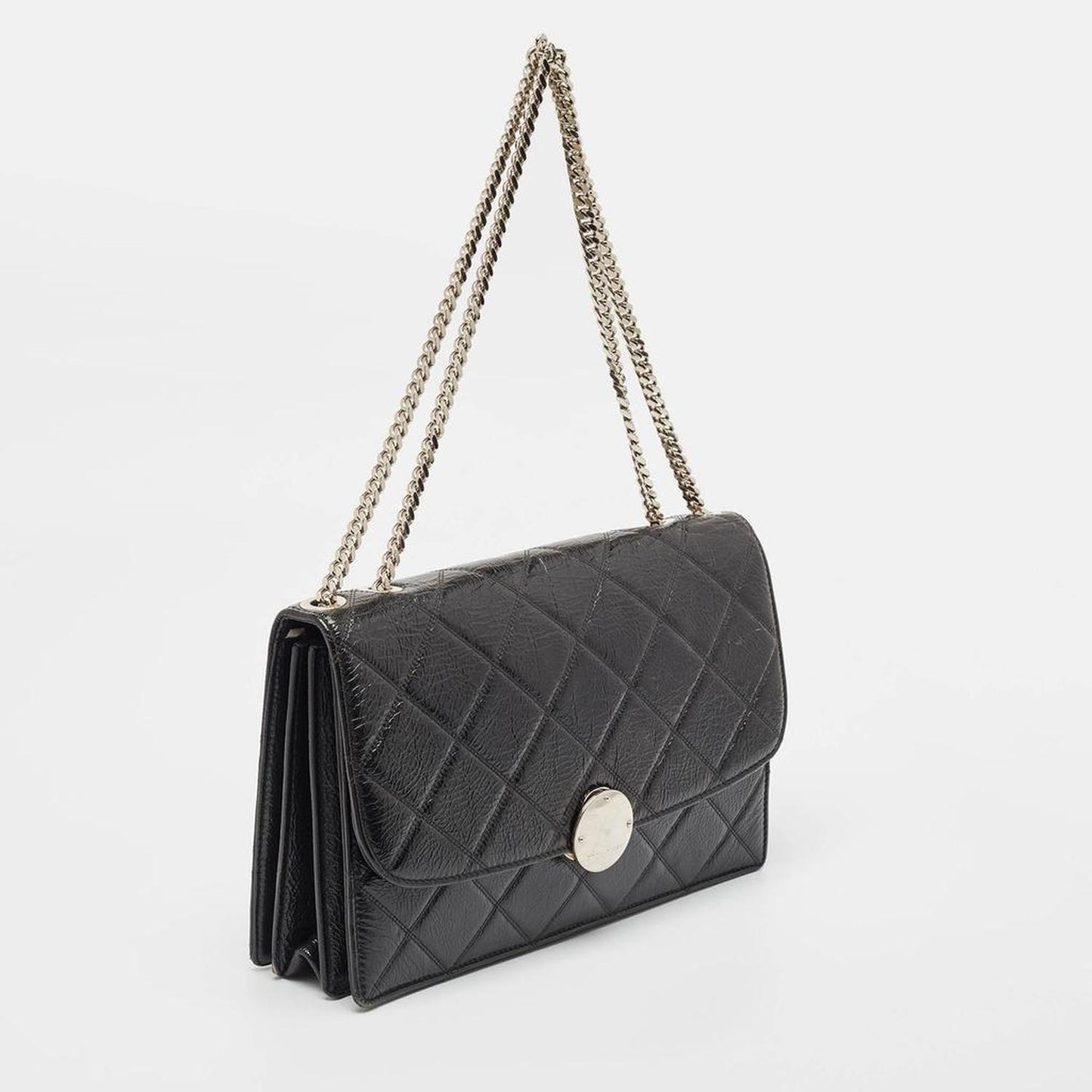 Black Glossy Quilted Leather Trouble Flap Shoulder Bag