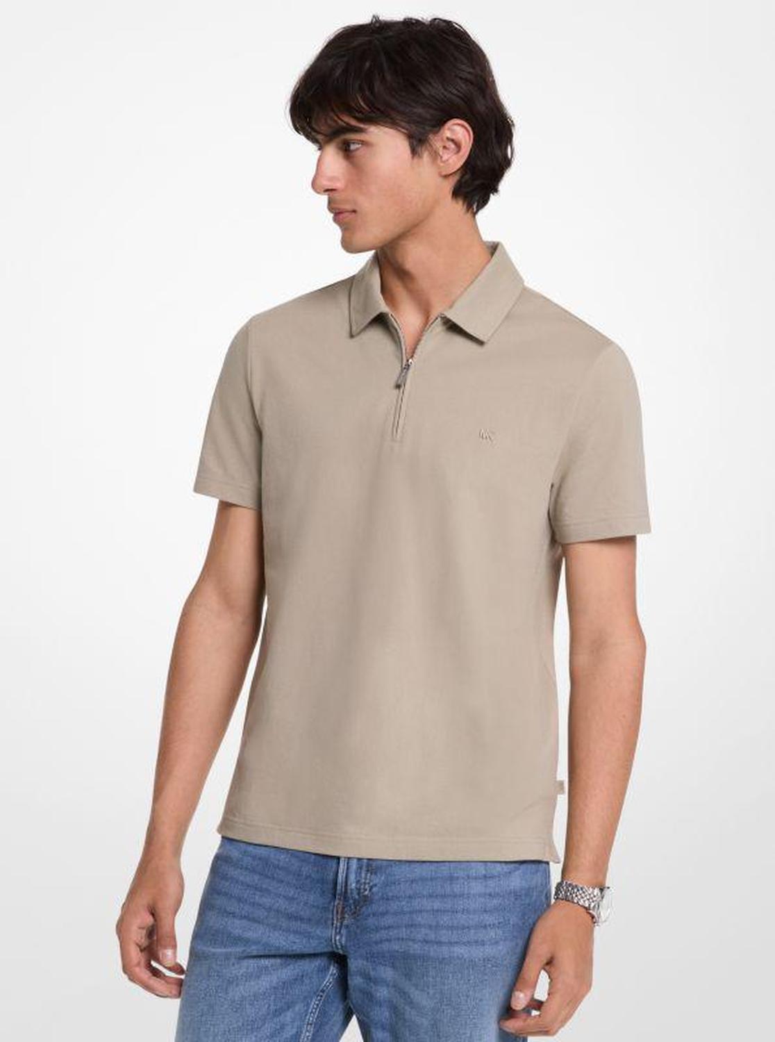 Cotton Blend Piqué Zip-Up Polo Shirt