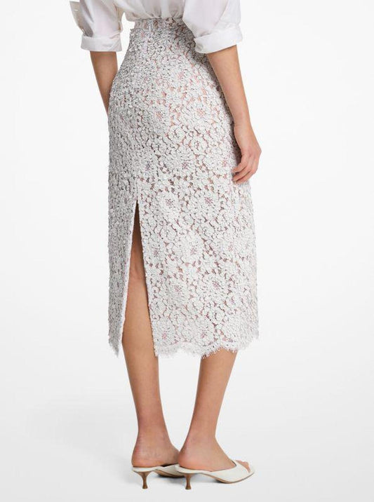 Hand-Embroidered Leather Paillette Floral Lace Skirt