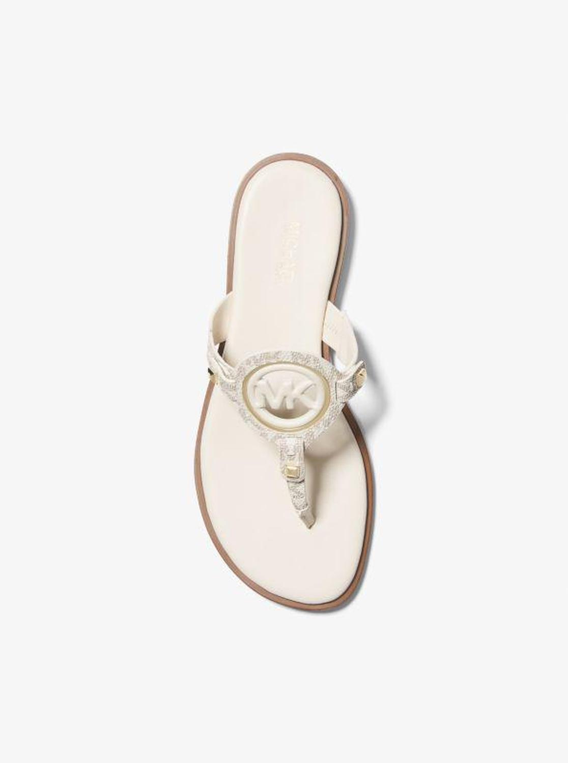 Aubrey Cutout Signature Logo and Leather T-Strap Sandal