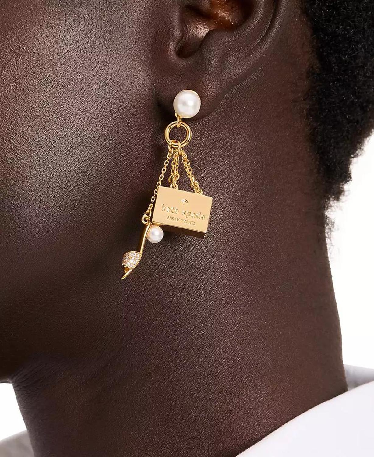 Gold-Tone Imitation Pearl, Logo & Shoe Charm Drop Earrings