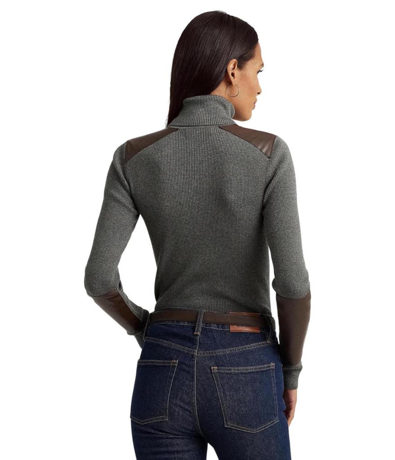 Petite Faux Leather Trim Ribbed Turtleneck