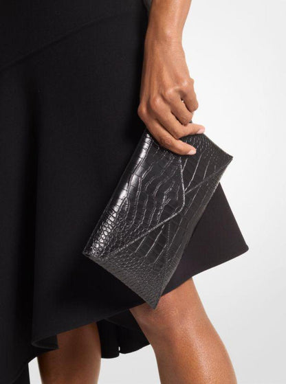 Mia Crocodile Embossed Leather Envelope Clutch