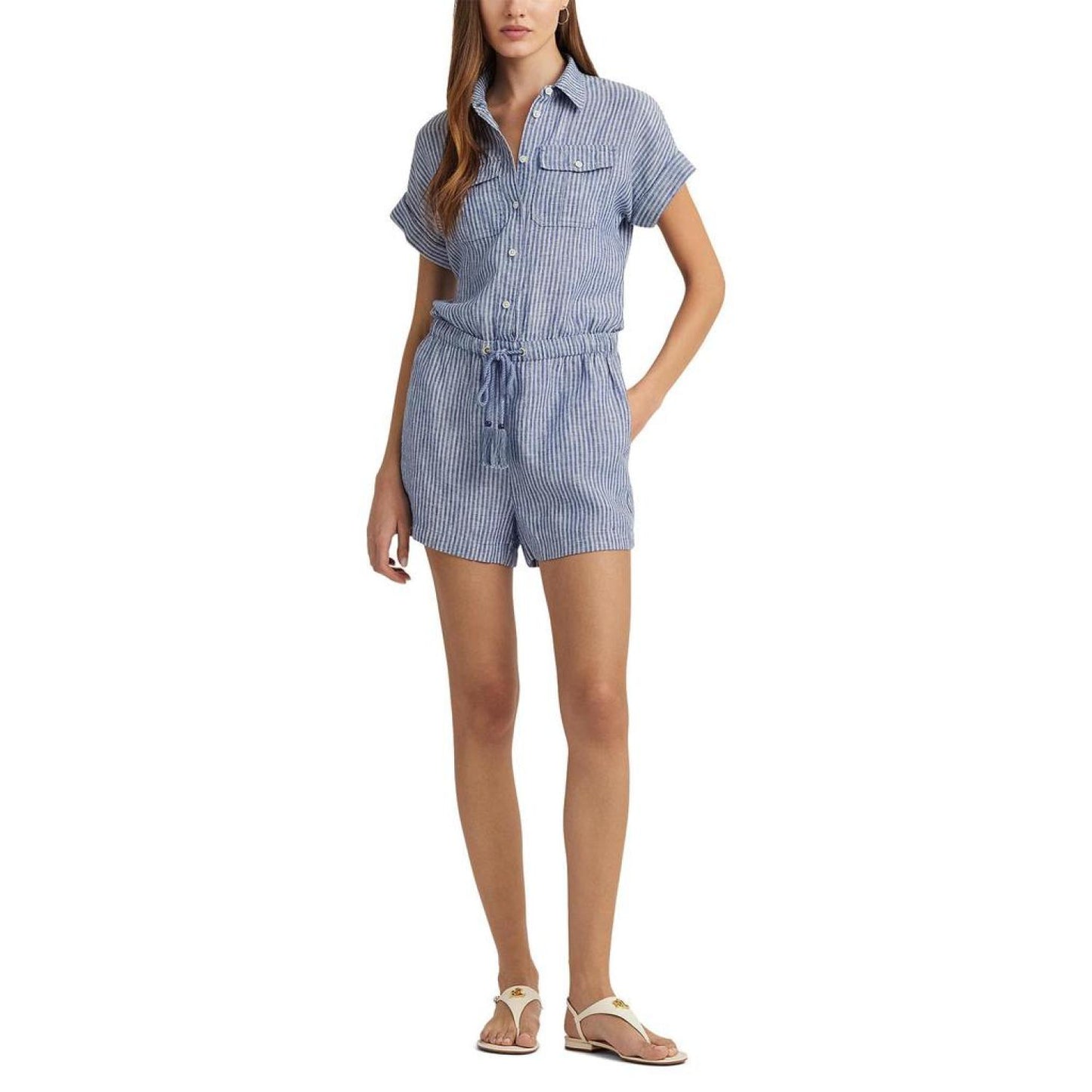 Pinstripe Linen Shorts-Sleeve Romper