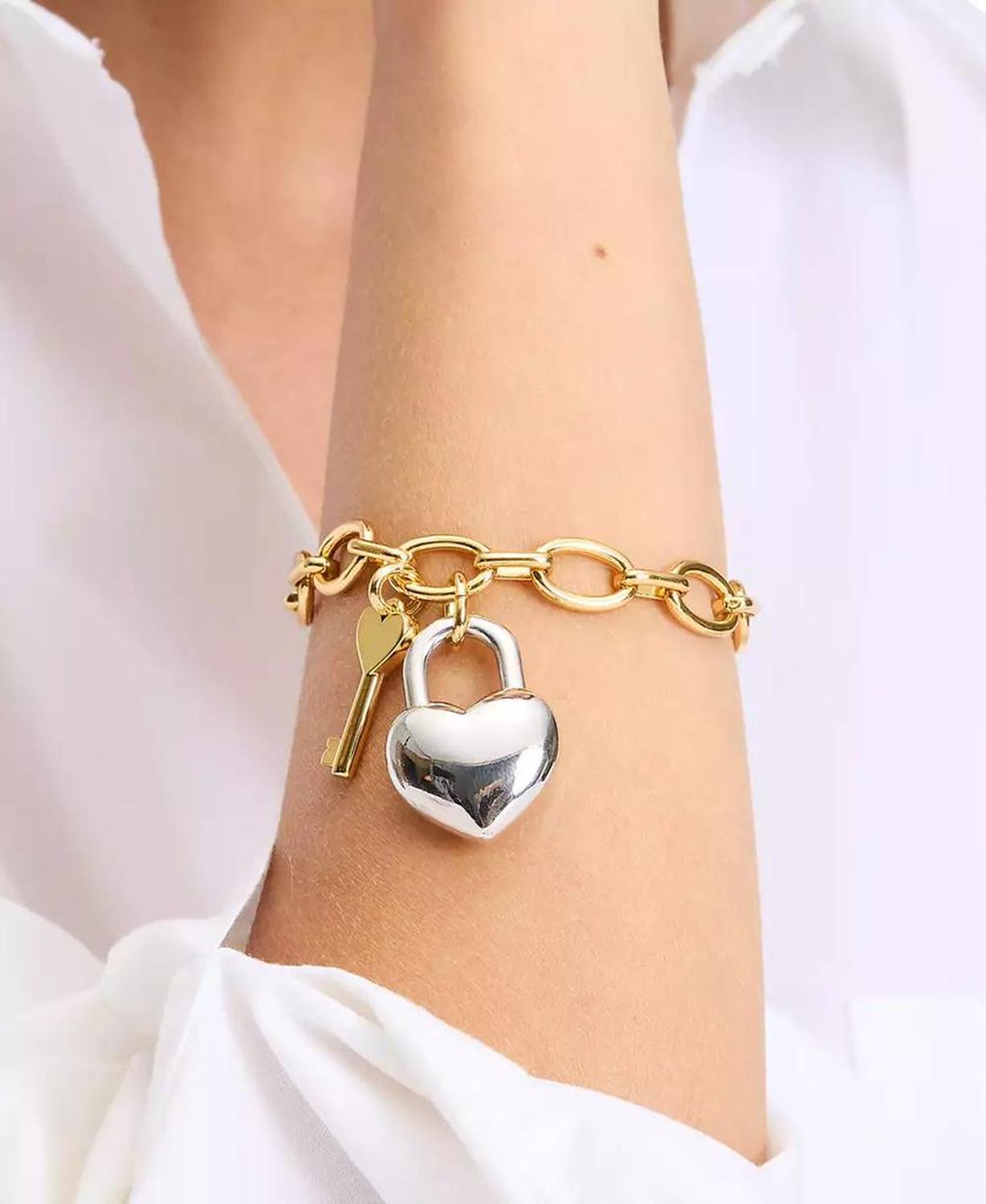 Two-Tone Heart Lock & Key Charm Bracelet